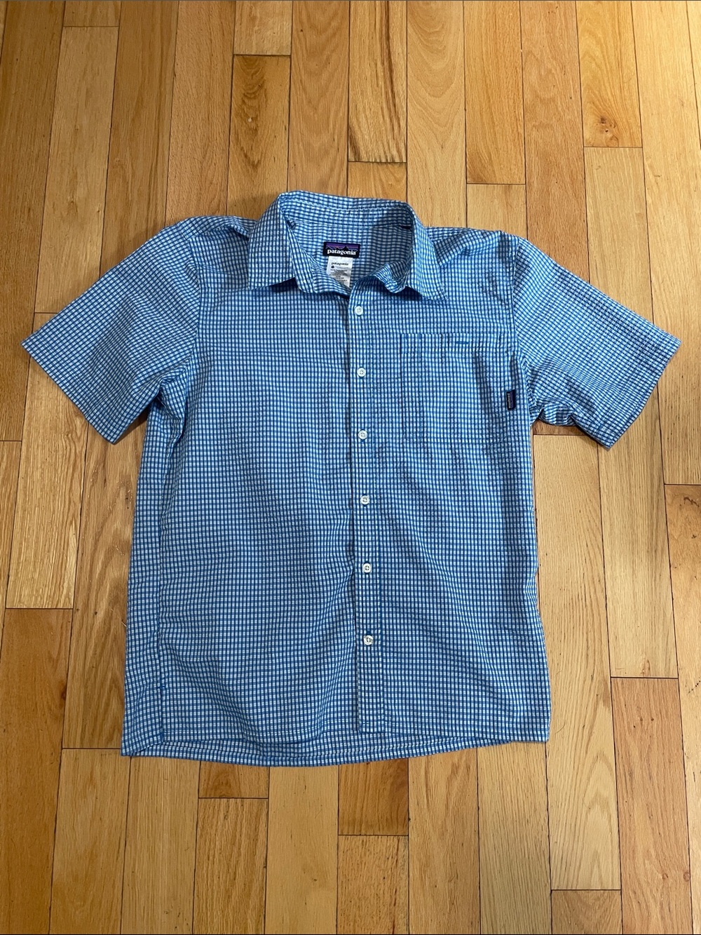 Patagonia Blue and White Gingham Short-Sleeve Button-Down Shirt